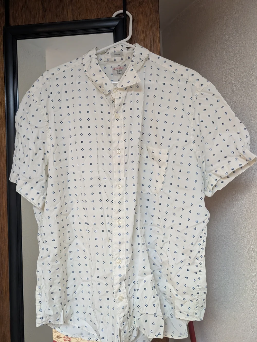 J. Crew White Short-Sleeve Button-Down with Blue Geo Print